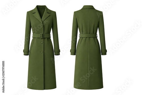 Elegant olive green women trench coat front and back view isolated on transparent background