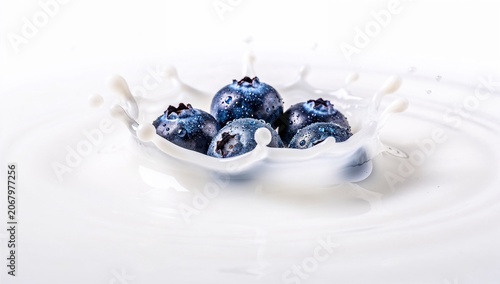 Fresh Blueberries Falling into Milk Splash with Droplets