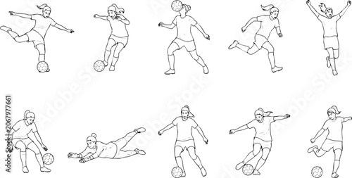Obraz na plátně Female soccer player line icons featuring diverse actions including kicking dribbling and goalkeeping for sports design