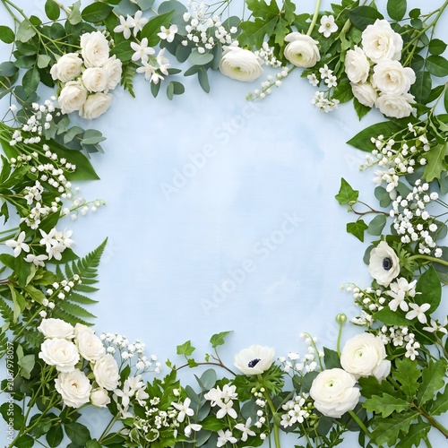 Elegant white floral frame with spring blossoms and green foliage on a light blue background for wedding invitations or greeting cards