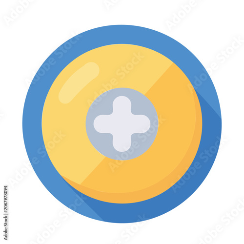 Simple design depicts a yellow screw head with a grey cross in a blue circle