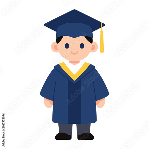 Cartoon graduate smiles wearing a blue graduation gown and cap with a yellow tassel