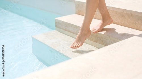 Bare Feet Stepping Down Poolside Stairs Into Water