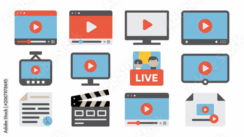 Flat vector icons depicting video players film reels and live streaming displays in colored rectangles player icon play