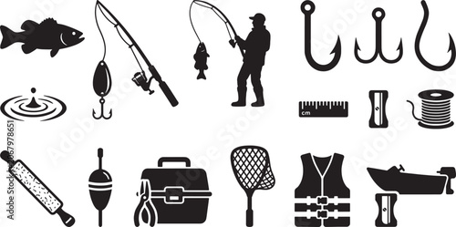 Cuadro en lienzo Fishing Equipment Silhouettes Set with Angler, Hooks and Tackle Icons