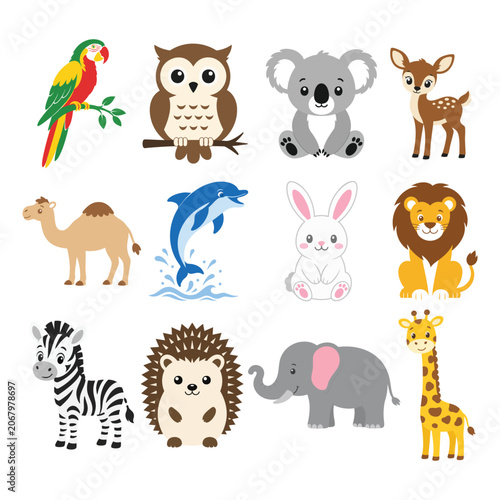 Canvas Print Cute Cartoon Animal Collection Set with Wild and Farm Animals