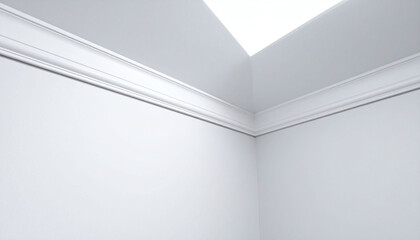 An elegant room corner with classic white crown molding on a bright ceiling, evoking a sense of modern architectural precision, clean luxury, and serene minimalism. No people.