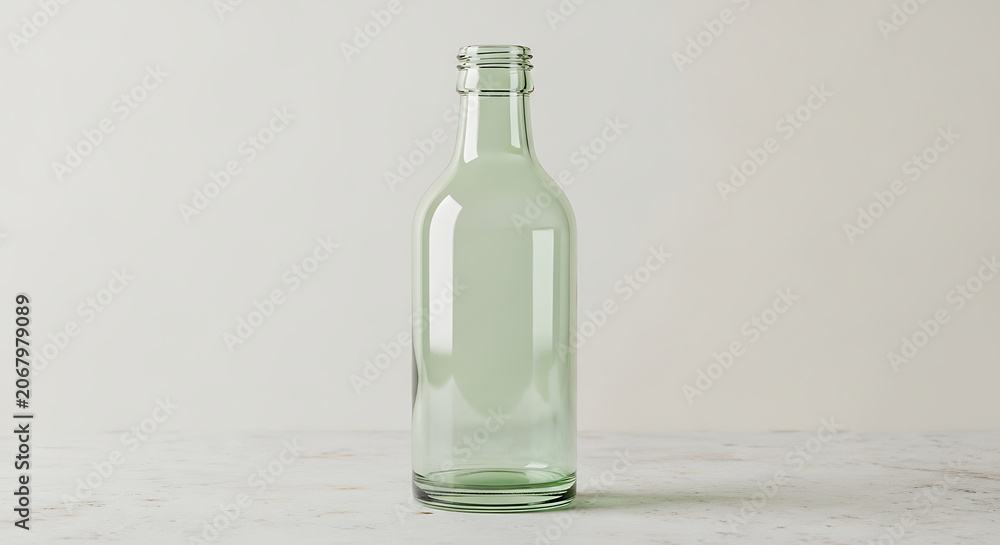 Obraz premium Empty clear green glass syrup bottle standing on a white surface