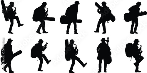 Foto Collection of black silhouettes featuring street musicians with musical instrume