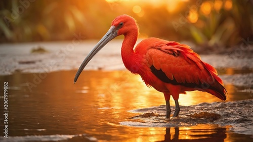 Vibrant scarlet ibis standing in shallow water during a warm golden sunset with soft lighting