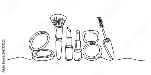Quadro su tela Continuous line drawing of makeup tools and beauty products