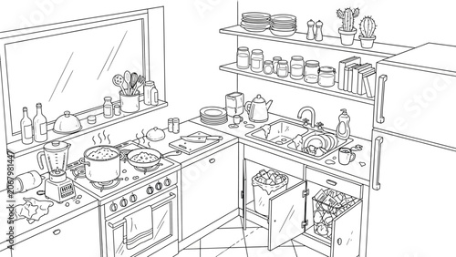 Fotografie Cluttered kitchen interior with dirty dishes in sink and messy countertop showing cooking preparation line art drawing for household coloring book page
