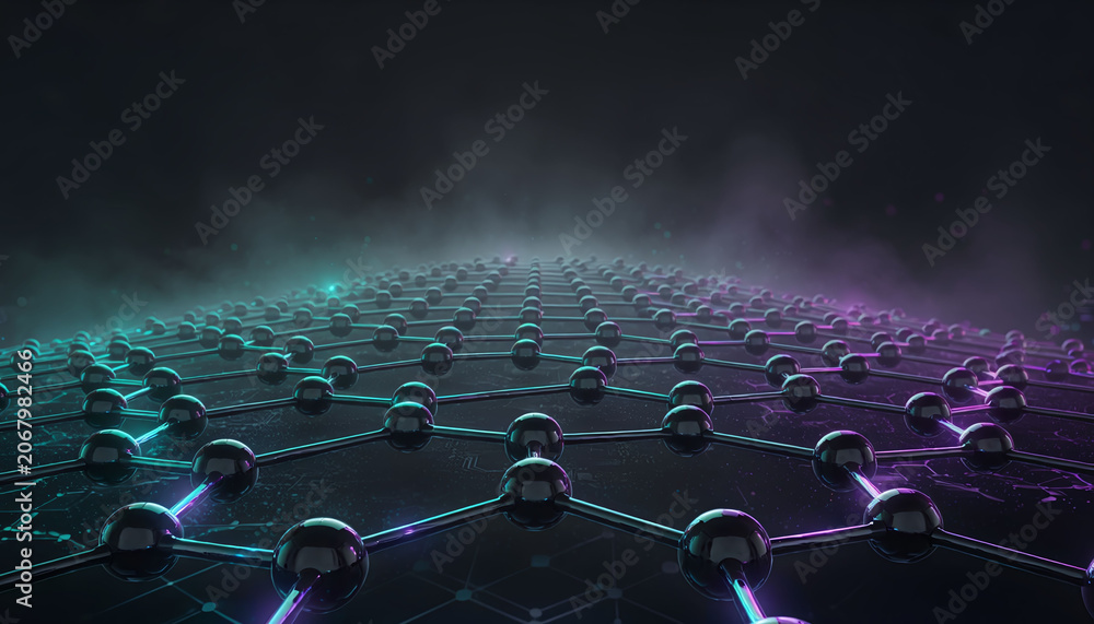 Fototapeta premium Futuristic graphene molecular lattice shining with cyan and purple light in a dark, smoky abstract space. A metaphor for nanotechnology, quantum computing, and innovation. Nobody.