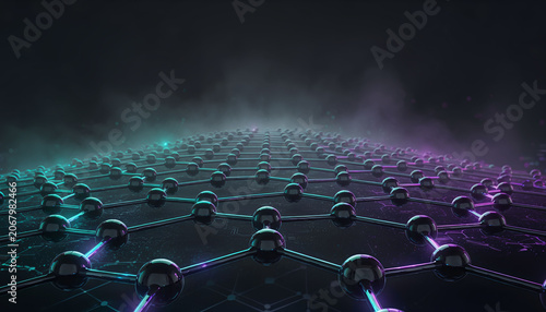 Futuristic graphene molecular lattice shining with cyan and purple light in a dark, smoky abstract space. A metaphor for nanotechnology, quantum computing, and innovation. Nobody.