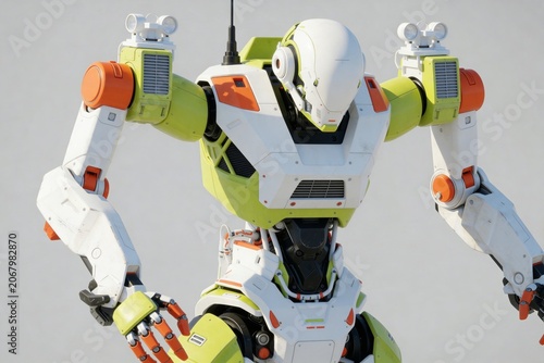 Modern futuristic cyberpunk technology illustrations in 3D render style, with white, green, and orange accents on a light gray background