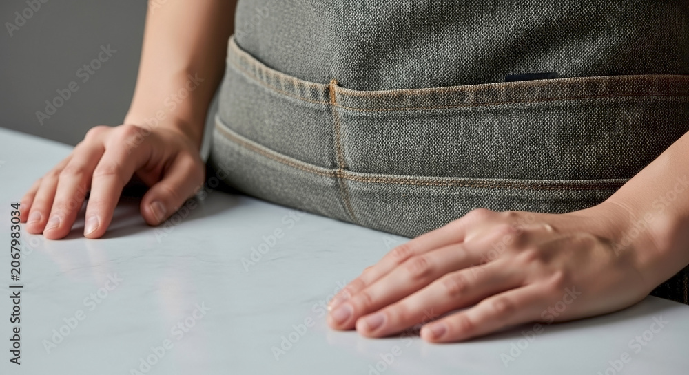 Fototapeta premium Close up of person wearing grey denim apron resting hands on white marble counter. Professional barista or chef waiting in modern kitchen or cafe