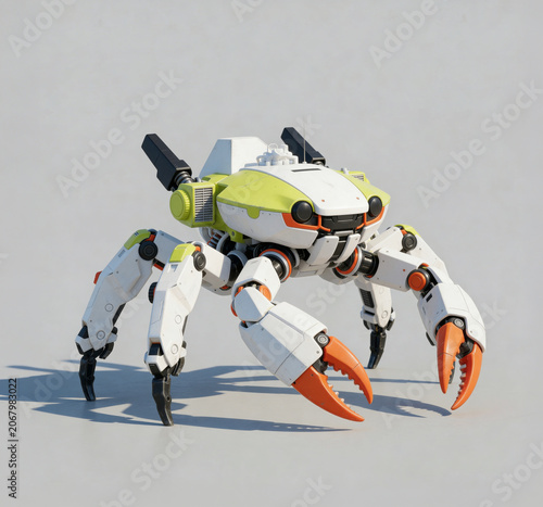 Modern futuristic cyberpunk technology illustrations in 3D render style, with white, green, and orange accents on a light gray background