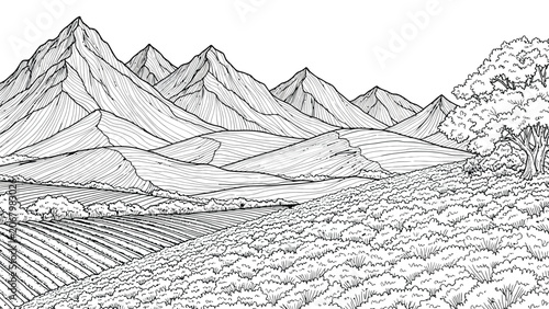 Tableau sur toile Beautiful mountain range landscape with rolling hills and agricultural fields under clear sky line art style drawing for nature coloring book for adults