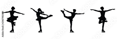 Figure skating poses silhouette set isolated on transparent background. Elegant ice skater movements and performance vector collection.