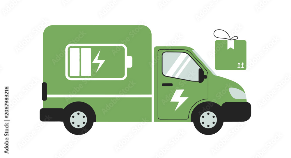 Fototapeta premium Green Electric Delivery Truck Illustration for Sustainable Logistics and Eco-Friendly E-commerce Shipping