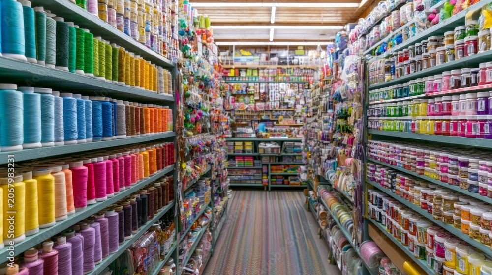Obraz premium Colorful Craft Supplies Store with Neatly Organized Shelves and Hobby Materials for Creative Projects