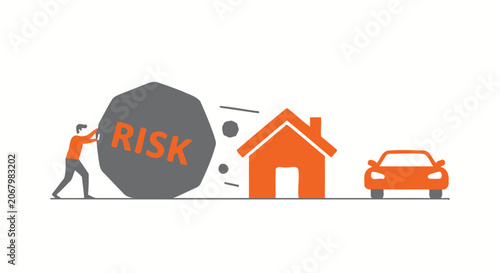 Financial Risk Concept Illustration with Person Pushing Large Rock towards House and Car Assets