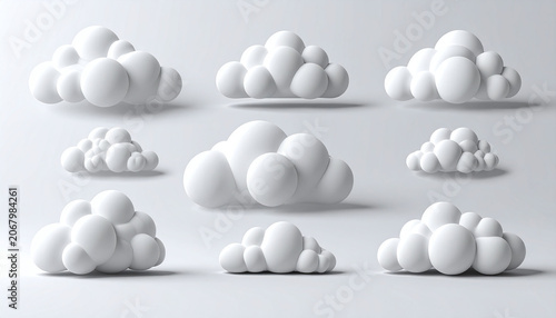 Clean minimalist set of 3D white cartoon clouds on a neutral background. Perfect for modern web design, weather apps, and cloud storage concepts. Soft shadows and clay render style.