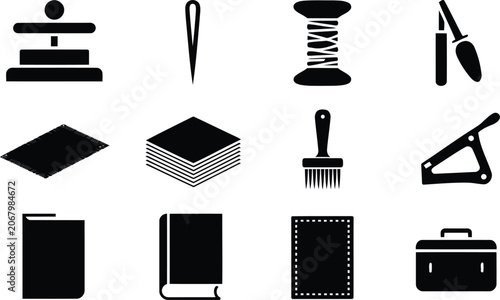Billede på lærred Set of black icons for bookbinding and leather craft tools and materials