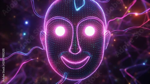 Colorful glowing chatbot portrait colorful illustrative 3D neural network, glowing nodes and flowing data streams forming a friendly AI chatbot face vibrant gradients futuristic style