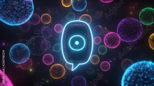 Glowing chatbot visual identity cute AI chatbot core surrounded by dynamic neural network spheres, colorful illustrative 3D world, seamless data transfer, modern tech aesthetic