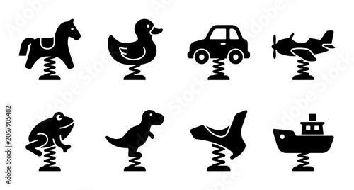 Canvastavla Set of 8 Black Silhouette Spring Rider Toys: Horse, Duck, Car, Plane, Frog, Dino