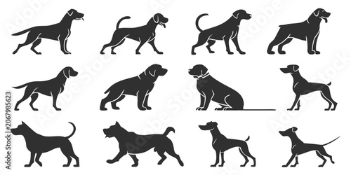 Canvastavla Black silhouette of 12 different dog breeds in a grid layout black silhouettes c