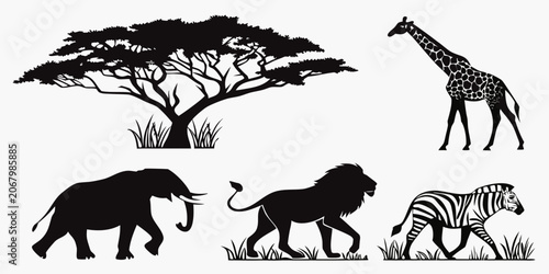 Photography Black silhouette of twelve wild animals, set black silhouettes mammoth saber-too