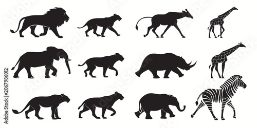 Photography Set of twelve black silhouette animal isolated on white black silhouettes deer h