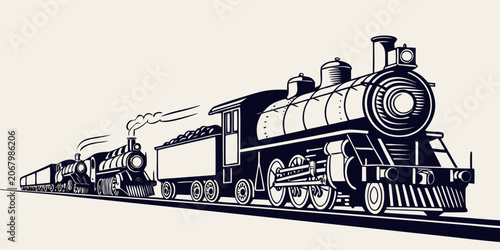 Foto Black and white vintage steam train locomotive, side view, isolated steam locomo