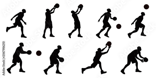Quadro su tela Black silhouette of 9 basketball players in action poses basketball actions drib