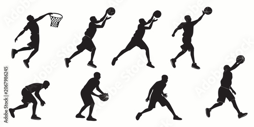 Foto Black silhouette of basketball players in various dynamic poses jumping dribblin