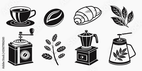 Obraz na plátne Black silhouette of coffee shop and plants, set coffee cup coffee pot coffee bea