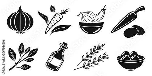 Schilderij op canvas Black silhouette of nine common cooking ingredients and spices black silhouette