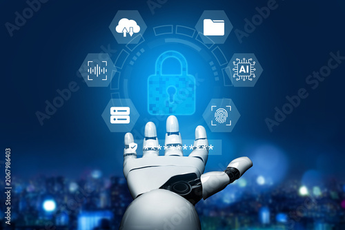 Obraz na plátne A robotic hand engages with digital icons, symbolizing the intersection of artificial intelligence and cybersecurity in a futuristic setting, highlighting advanced technology impacts