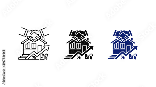 Real Estate Handshake and House with Growth Arrow Icon Set for Mortgage Rates, Property Investment, and Home Loan Agreement