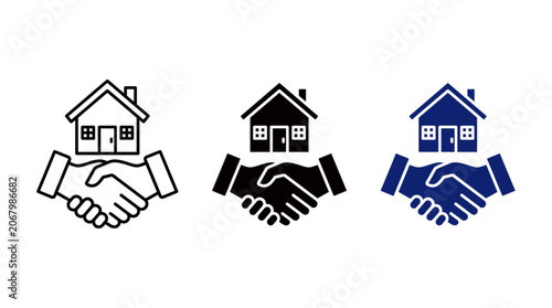 Real Estate Handshake and House Icon Set for Property Deal, Mortgage Agreement, and Home Buying Partnership