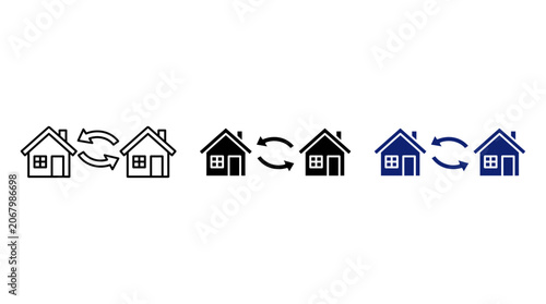 Real Estate House Exchange and Property Transfer Icon Set for Home Swapping, Refinancing, and Moving Services