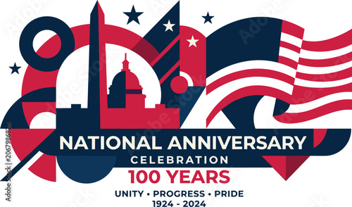 Bild auf Leinwand American National Anniversary Celebration 100 Years Vector Banner with United St