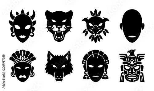 Fényképezés Tribal Masks and Animal Icons Set, Ancient Culture Symbols, Indigenous Art, Blac