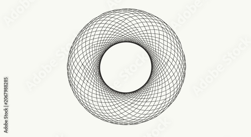 Geometric spirograph style circular pattern made of fine black lines creates an intricate abstract mandala on white background.