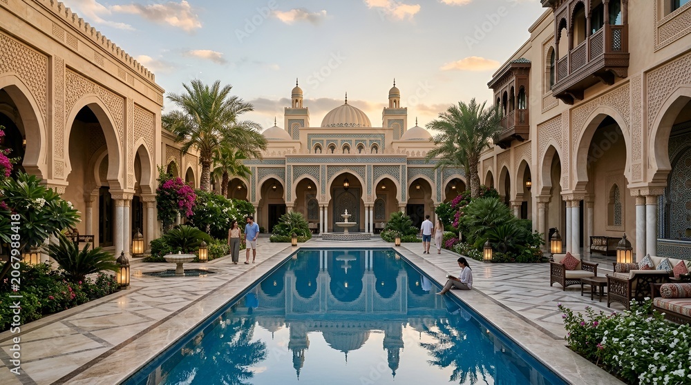 Naklejka premium Luxurious Middle Eastern Courtyard with Pool and Islamic Architecture