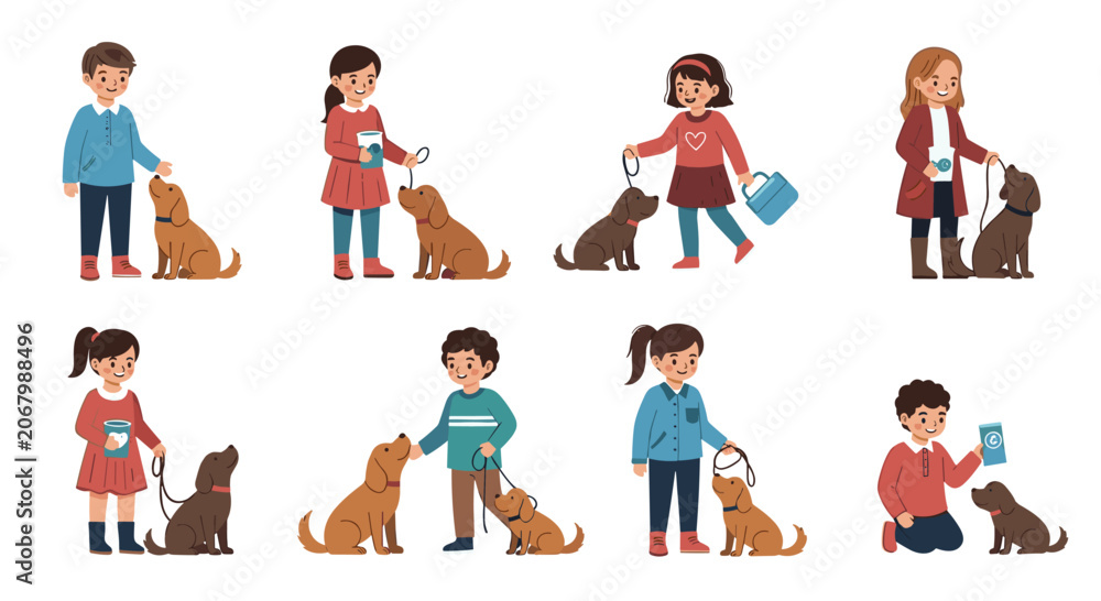 Fototapeta premium Collection of diverse children interacting with their pet dogs through activities like walking on a leash, feeding, and playing together.