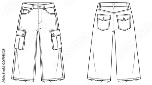 Wide Leg Cargo Jeans Technical Flat with Front and Back View