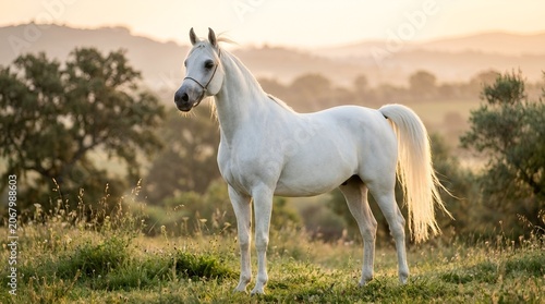 Majestic White Arabian Horse Standing in Sunlit Meadow at Sunrise
